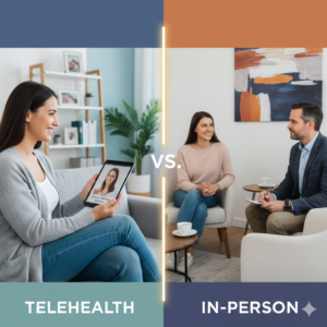 A split-screen comparison of telehealth therapy vs. in-person therapy sessions. On the left, a woman sits comfortably on her sofa using a tablet for an online counseling appointment. On the right, a patient and licensed therapist sit in a professional office for a face-to-face mental health consultation.