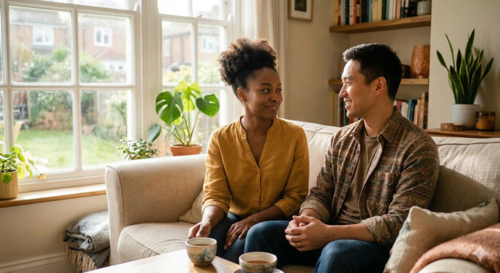 Realistic photo of a diverse couple sharing a quiet, connected moment on a couch. Warm natural light, indoor greenery, and a cozy, modern interior design. Couples therapy NJ