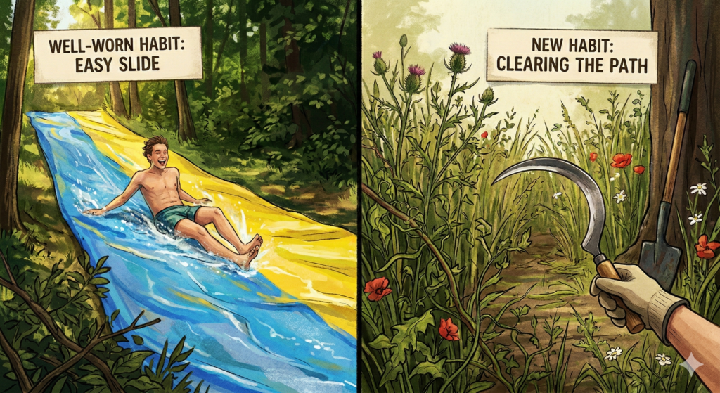 A split-screen illustration comparing a well-worn habit to a slick water slip-and-slide and a new habit to a path overgrown with weeds being cleared by a sickle.