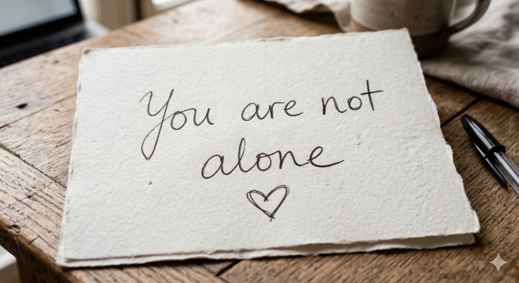 Handwritten note on textured paper reading "you are not alone" with a small heart, resting on a wooden table