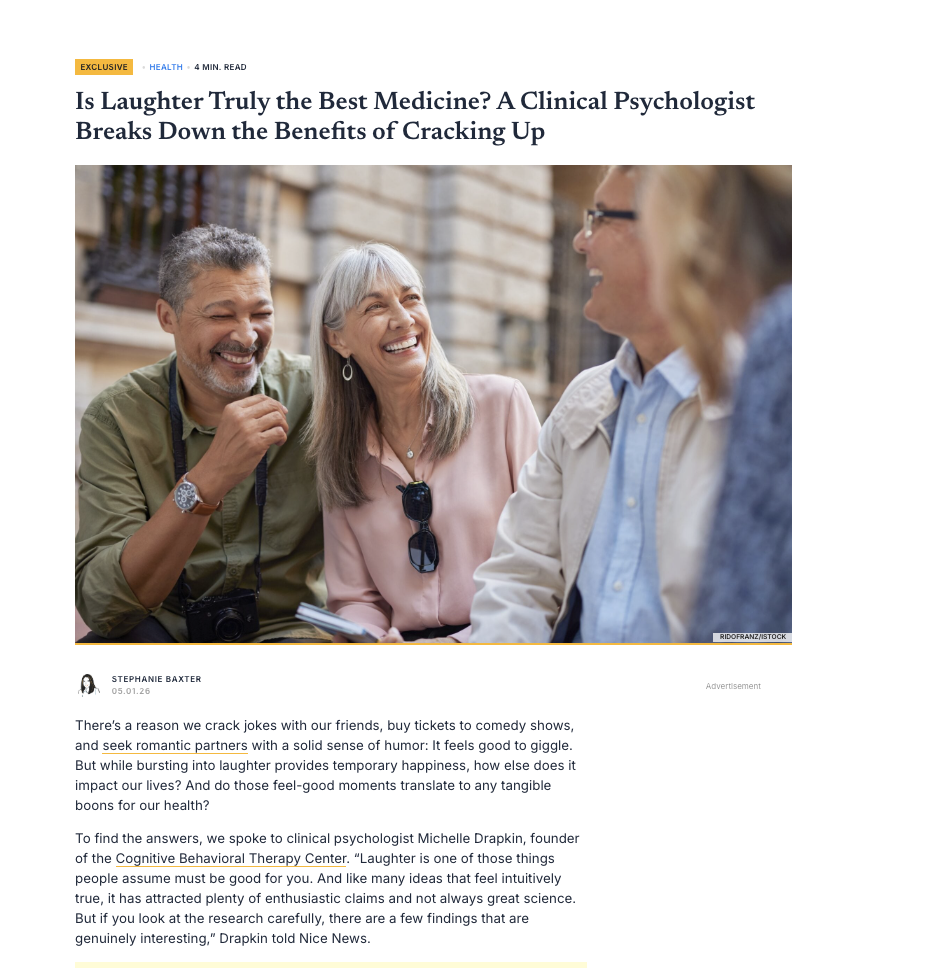 Screenshot of Nice News article featuring Dr. Michelle Drapkin on the psychology of laughter and wellbeing